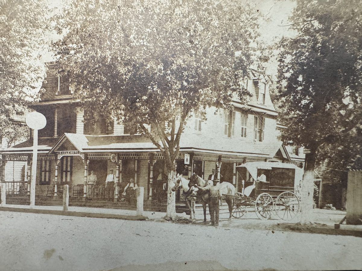A horse-drawn wagon waits under the trees in front of the hotel porch.