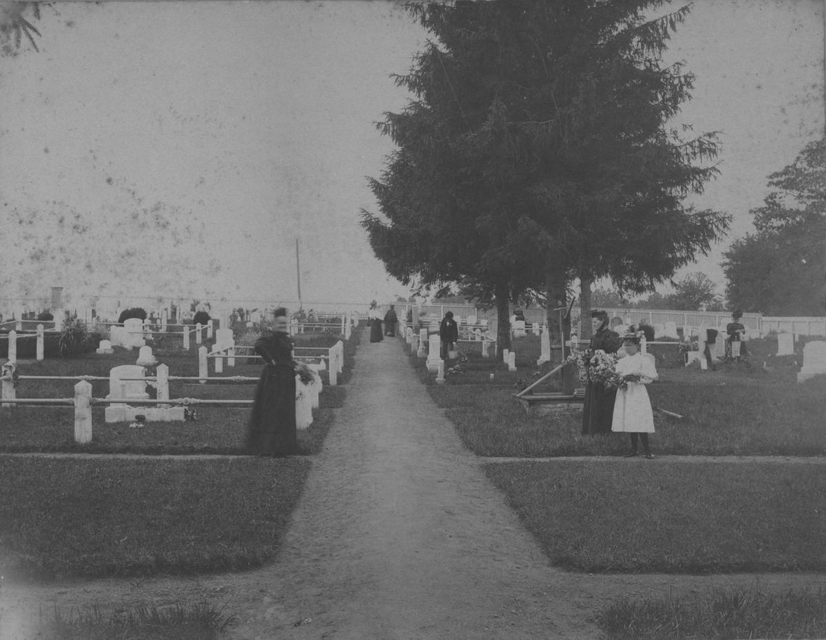 People standing among the gravestones along a path through the cemetery, trees overhead.