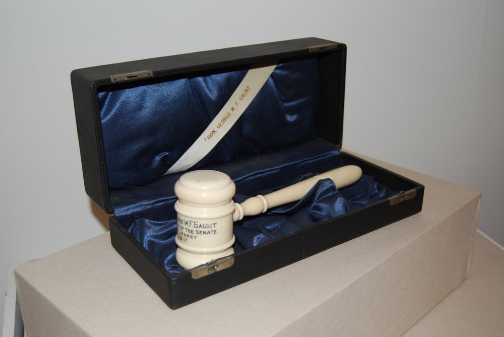 A pale wooden gavel resting in a velvet-lined presentation case.