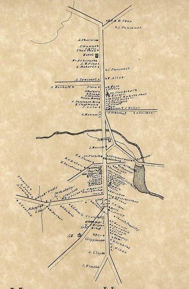 The 1876 atlas map of the village, owner names marked along Main Street