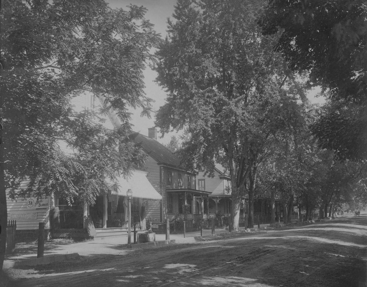 The unpaved north end of Main Street in deep tree shade, the store's awning and porch at left and a pump at the corner.