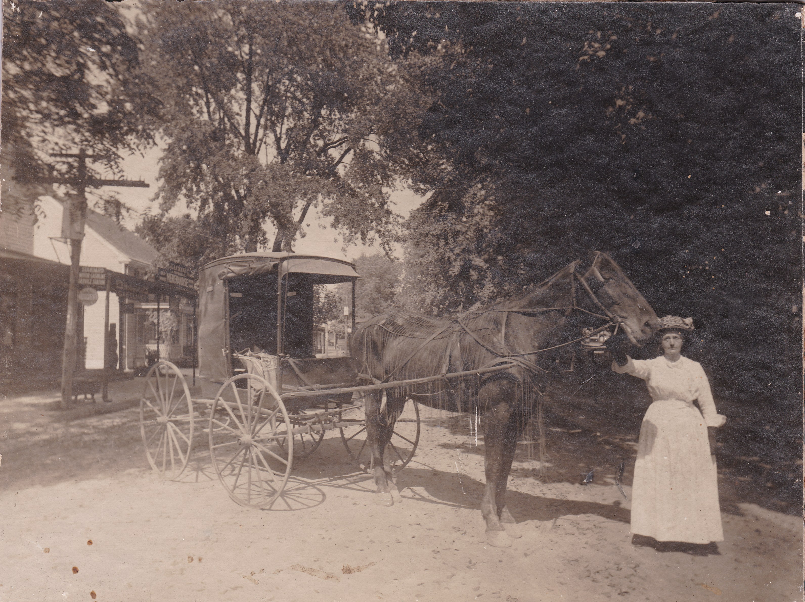 A woman in a long white dress holds a horse hitched to a covered delivery wagon on an unpaved street, store signs on the porch behind.