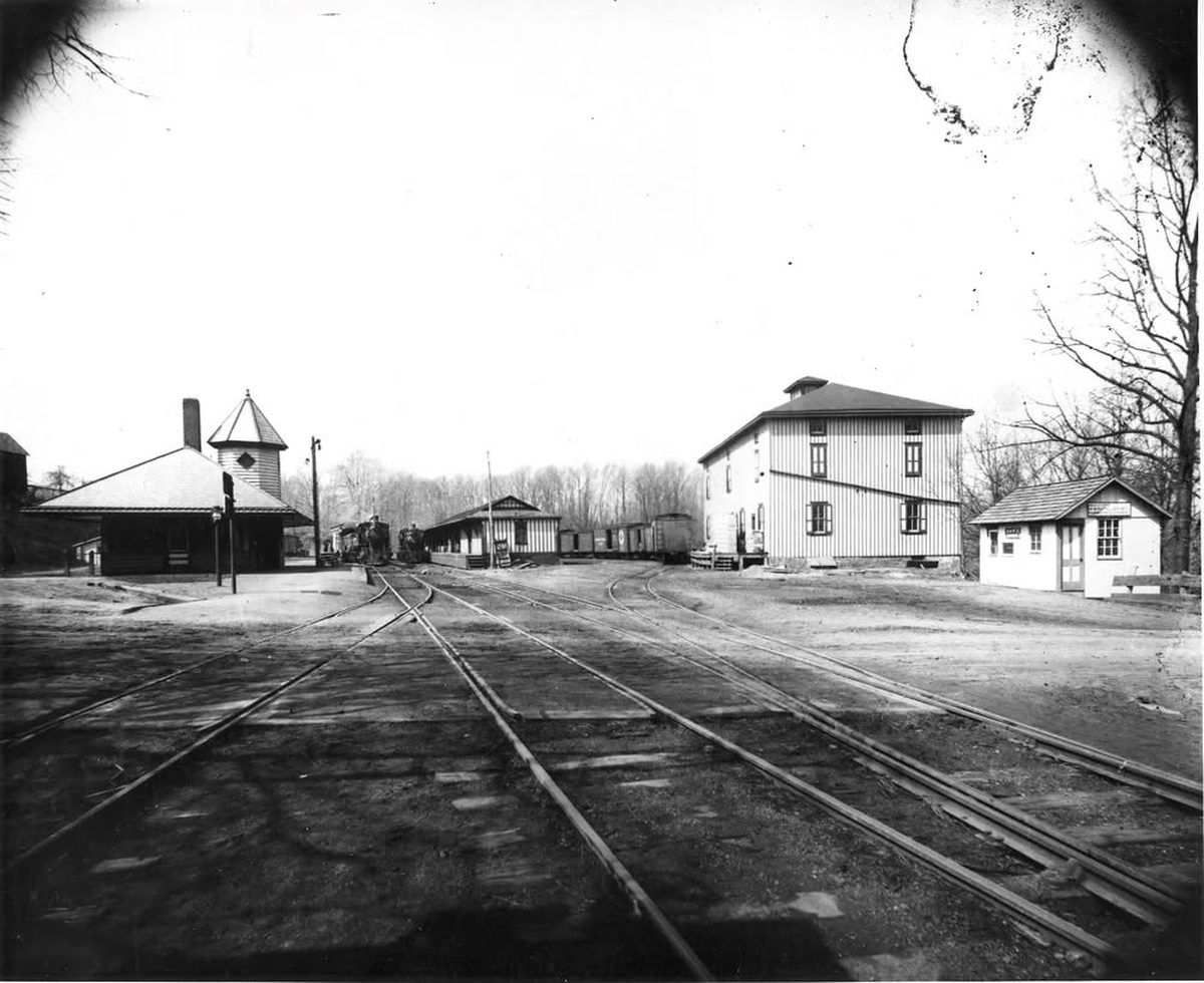 The Mullica Hill rail yard, with depot, tracks, and warehouse