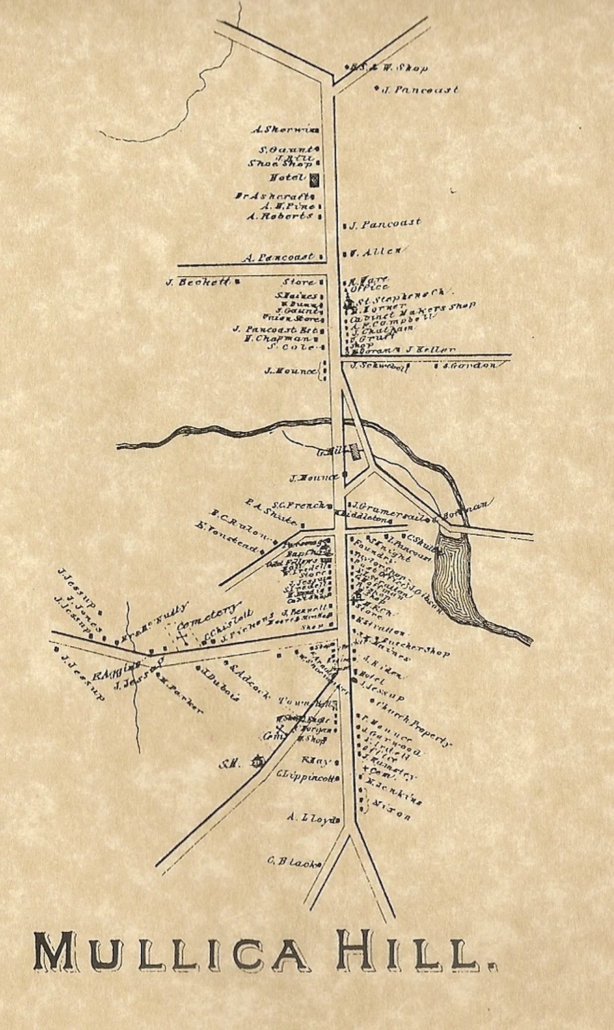 A hand-drawn map of Mullica Hill village circa 1876